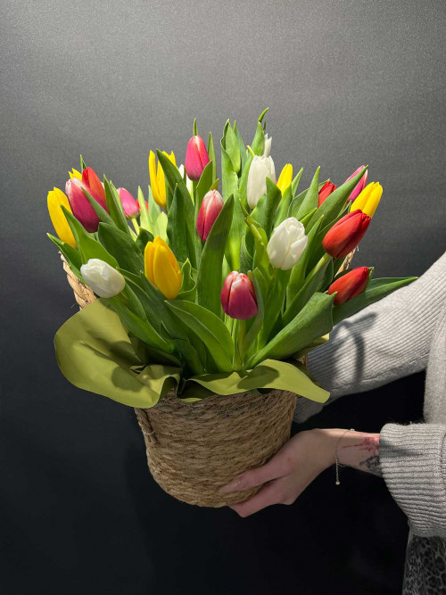 Букет «25 тюльпанов в корзине»